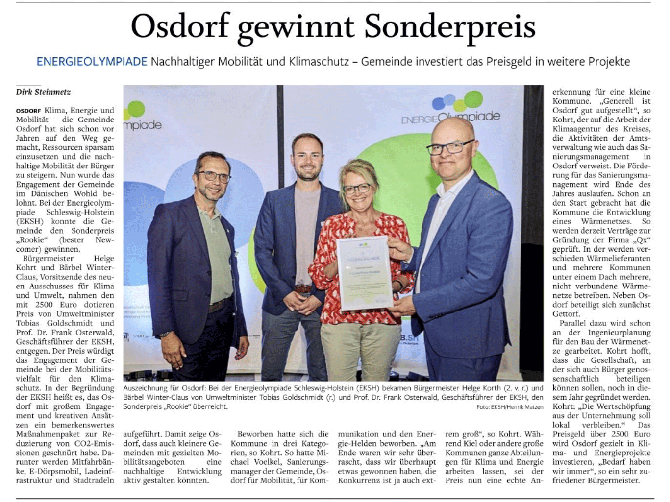 Osdorf gewinnt Sonderpreis auf der Energie-Olympiade